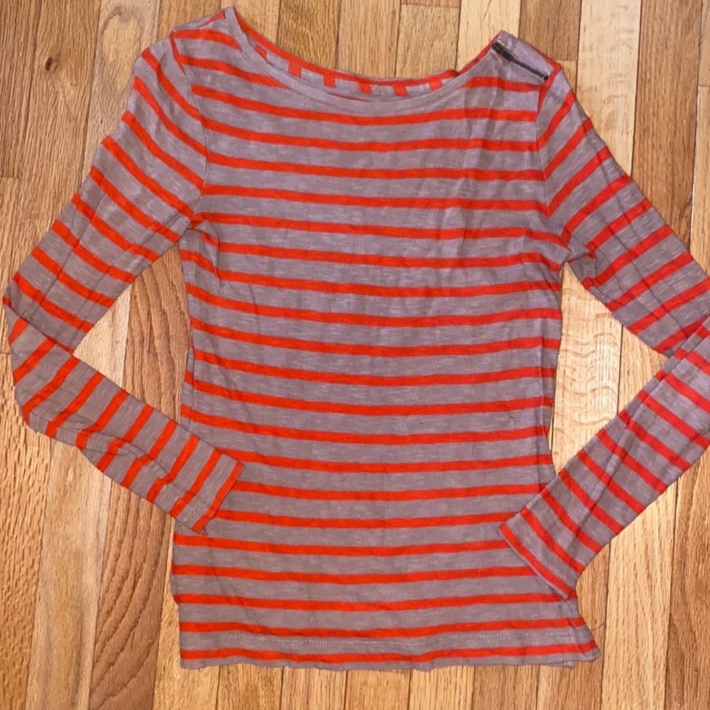 LOFT Womens Long Sleeve Shirt Size XS Tan Brown Orange Fall Top Stripes Zipper